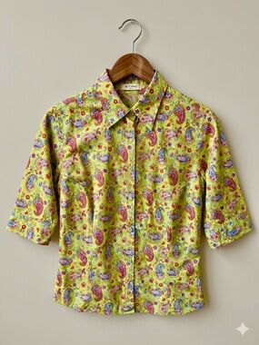 Etro women’s lime Paisley Short-Sleeve Button-Up Shirt